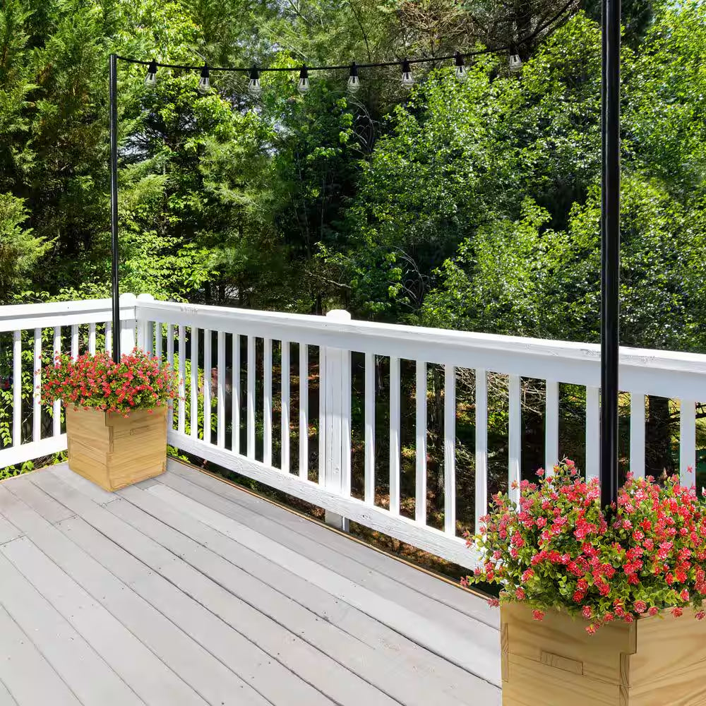 10 Ft. Premium String Light Pole and Large 14 In. Natural Wooden Planter Box Set