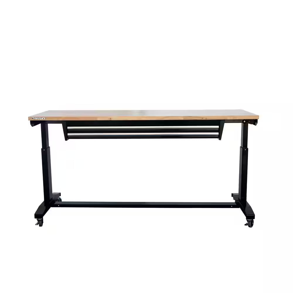 72 In. W X 24 In. D 2-Drawer Adjustable Height Black Workbench Table with Solid Wood Top