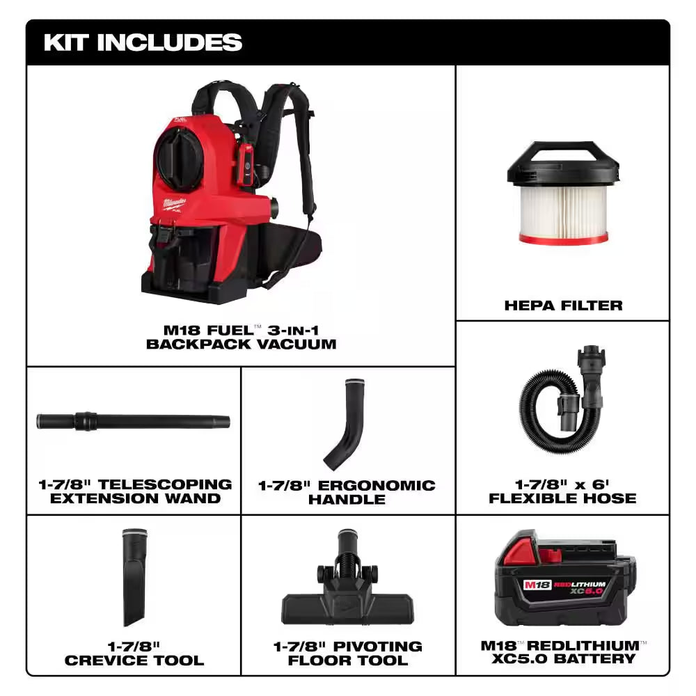 M18 FUEL 18 Volt Lithium Ion Brushless 3-In-1 Backpack Vacuum with M18 5. 0Ah XC Extended Capacity Battery