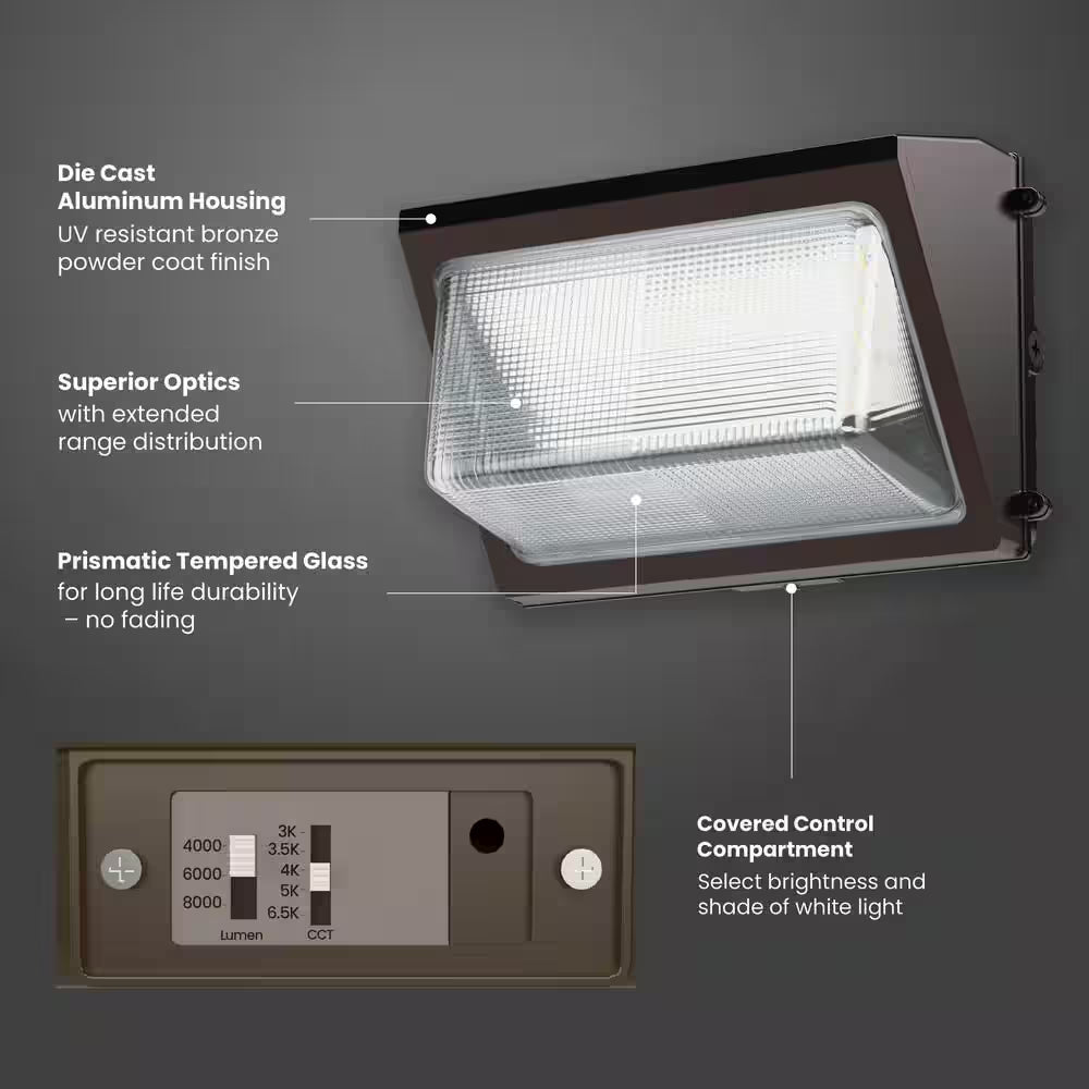 4000/6000/8000 Lumens Select Integrated LED Selectable 5CCT Bronze Dusk to Dawn Commercial Wall Pack Light