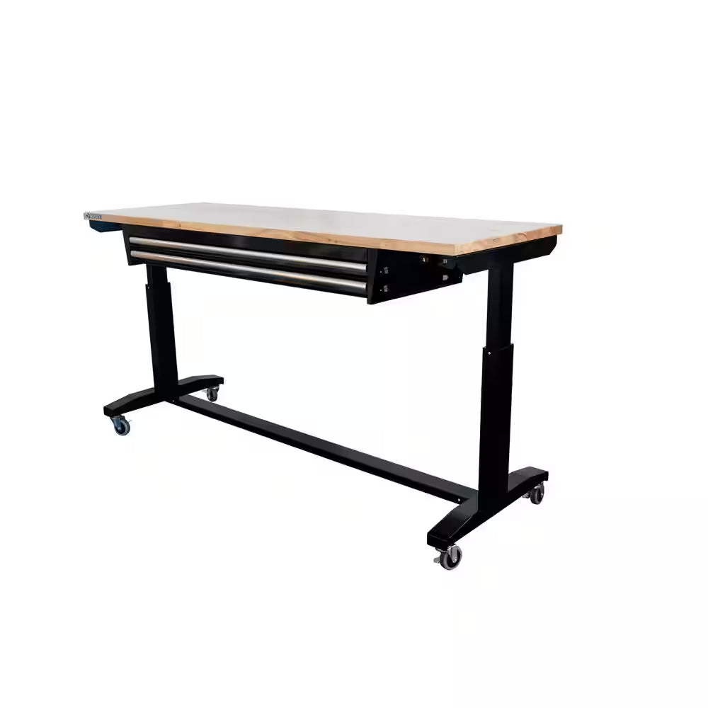 72 In. W X 24 In. D 2-Drawer Adjustable Height Black Workbench Table with Solid Wood Top