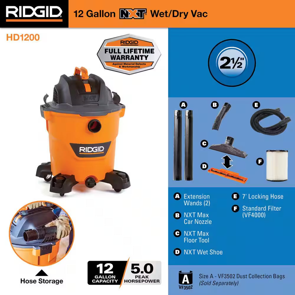12 Gal. 5.0 Peak HP NXT Shop Vacuum Wet Dry Vac with General Debris Filter, Locking Hose and Attachments HD1200