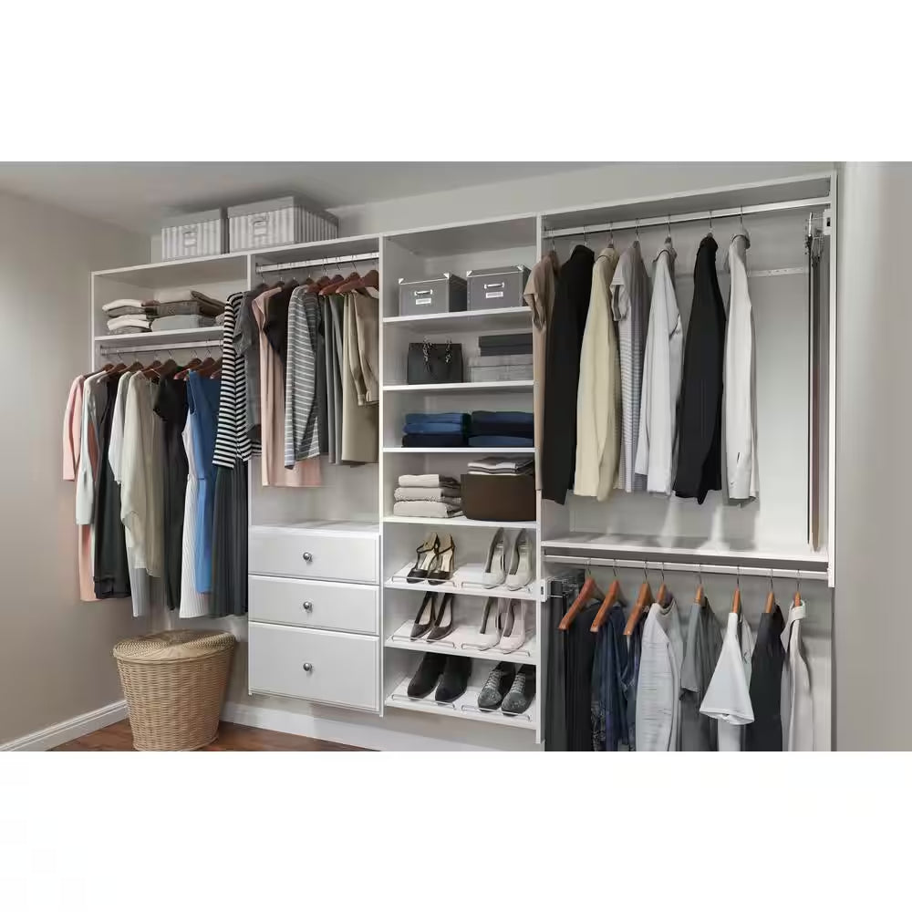 Dual Tower 96 In. W - 120 In. W White Tower System Wall Mount 14-Shelf Wood Closet System