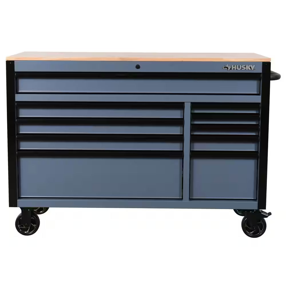 Standard-Duty 52 In. W 10-Drawer Matte Cadet Gray Mobile Workbench Cabinet with Solid Wood Top