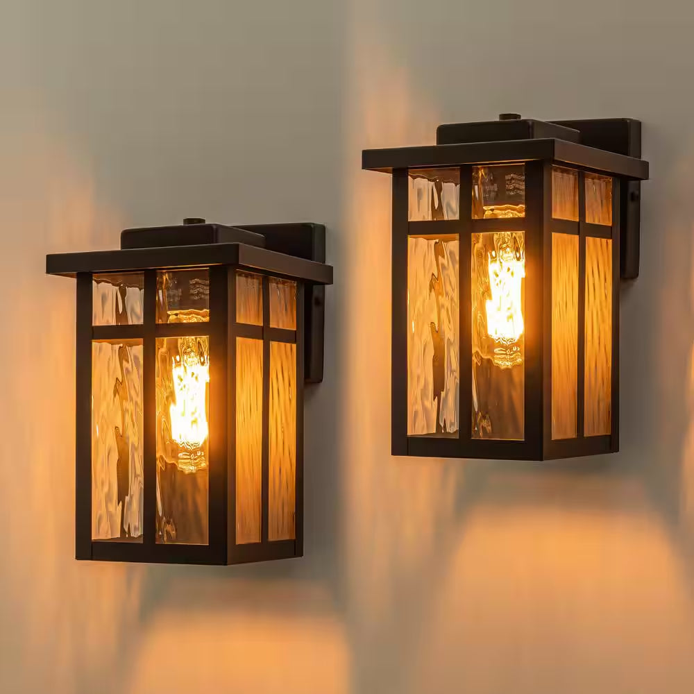Matte Black Outdoor Hardwired Wall Lantern Sconces with Water Glass, No Bulbs Included (2-Pack)