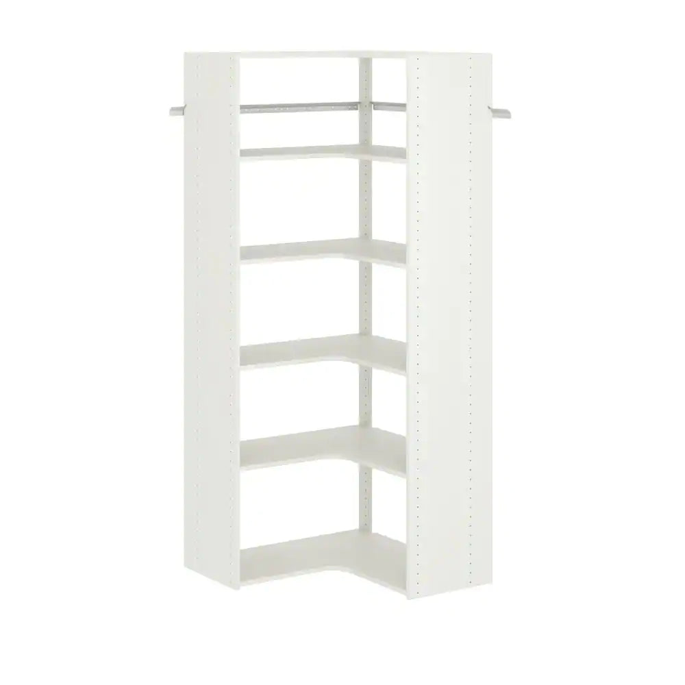 30 In. W White Corner Unit Wall Mount 6-Shelf Wood Closet System