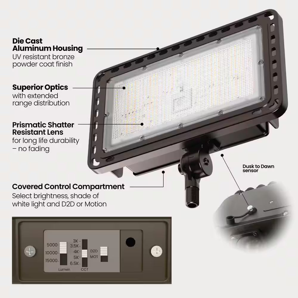 15000 Lumen Select Integrated LED Selectable 5CCT Bronze Dusk to Dawn or Motion Commercial Ground/Wall Flood Light