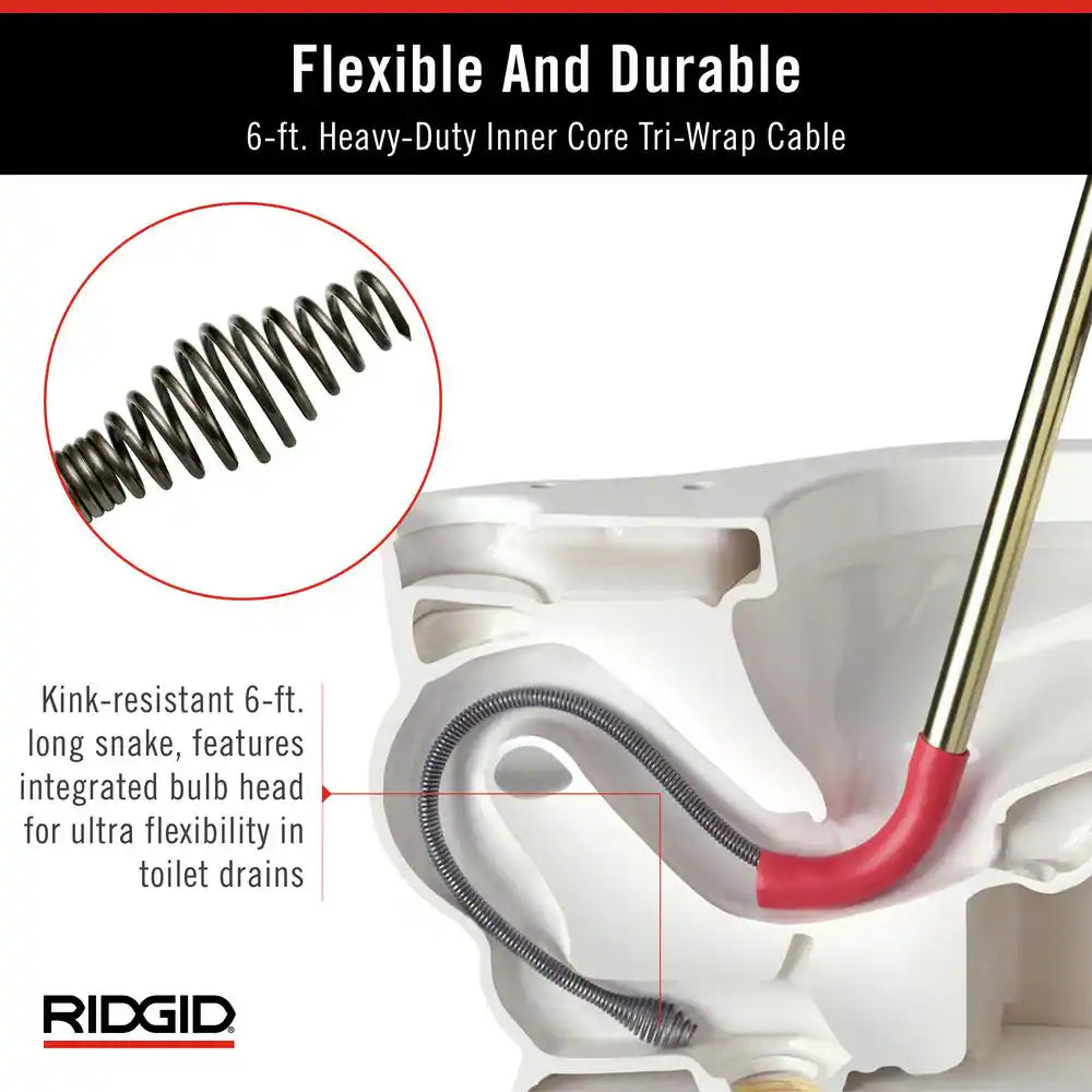 K-6P Hybrid Toilet Snake Auger, Cable Extends to 6 Ft. with Integrated Bulb Head (Manual or Cordless Drill Operated)