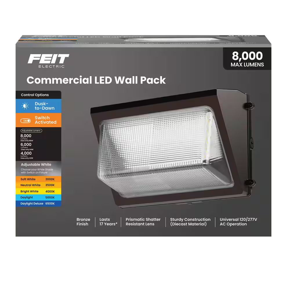 4000/6000/8000 Lumens Select Integrated LED Selectable 5CCT Bronze Dusk to Dawn Commercial Wall Pack Light