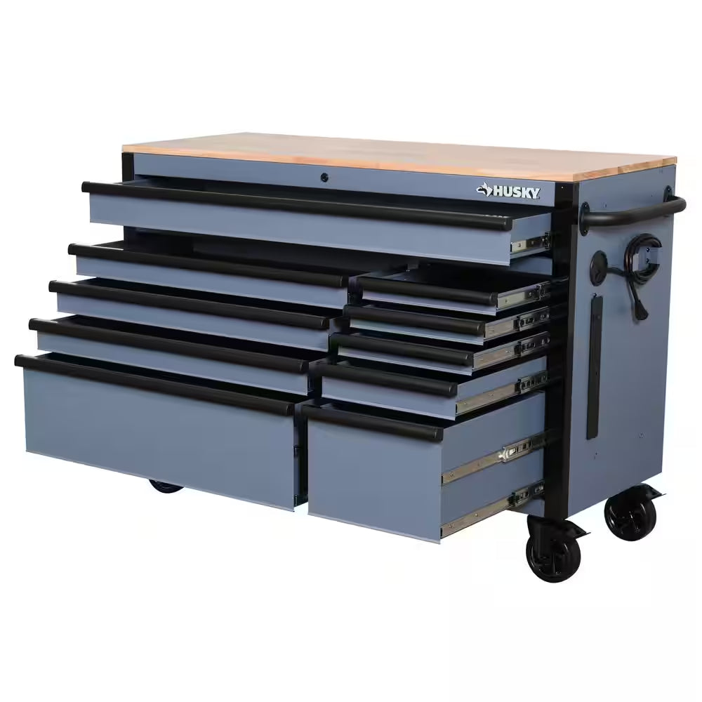 Standard-Duty 52 In. W 10-Drawer Matte Cadet Gray Mobile Workbench Cabinet with Solid Wood Top
