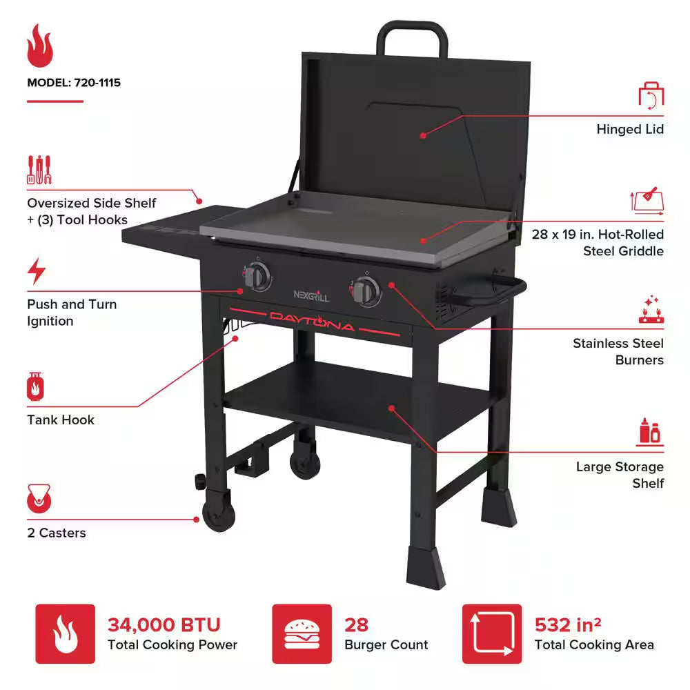 Daytona 2-Burner Propane Gas Grill 28 In. Flat Top Griddle in Black with Lid
