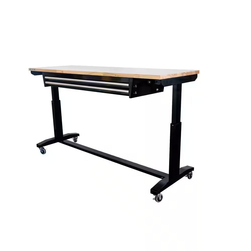 72 In. W X 24 In. D 2-Drawer Adjustable Height Black Workbench Table with Solid Wood Top