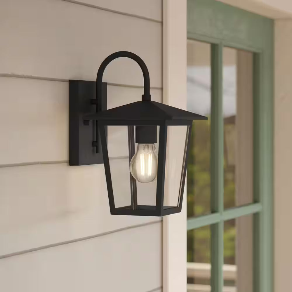 Rosebrook 12 In. 1-Light Black Outdoor Hardwired Wall Lantern Sconce with Clear Glass Shade