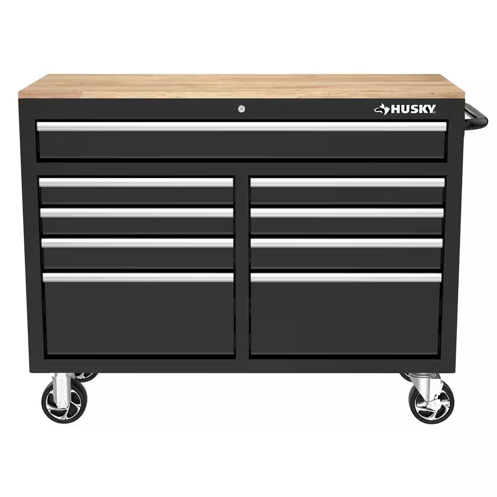 Tool Storage 46 In. W X 18 In. D 9-Drawer Mobile Workbench Cabinet in Gloss Black