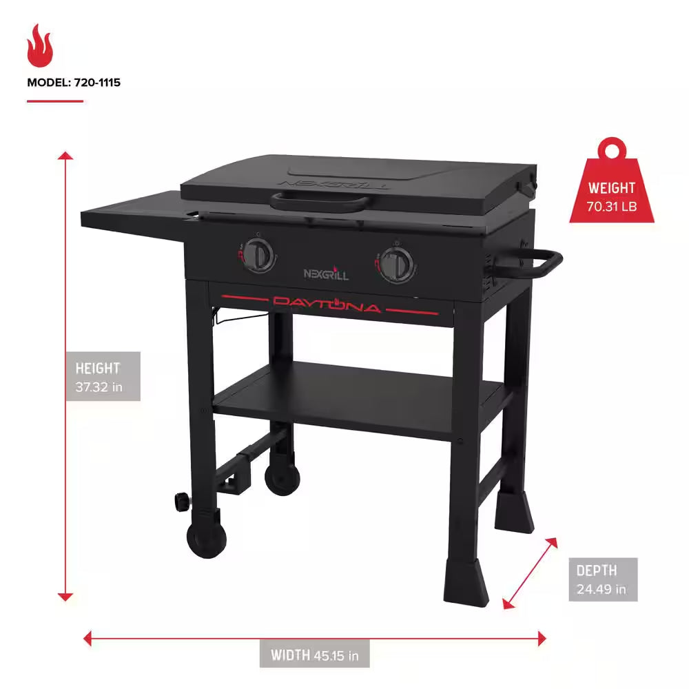 Daytona 2-Burner Propane Gas Grill 28 In. Flat Top Griddle in Black with Lid