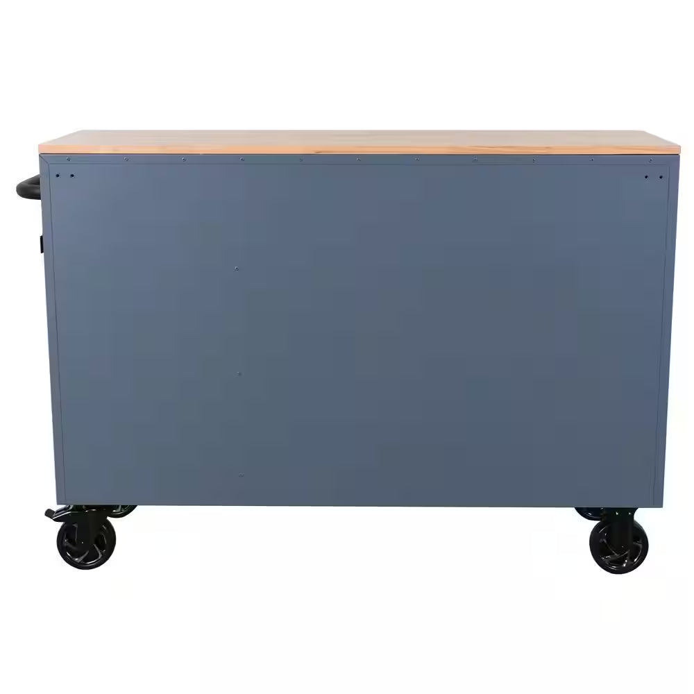 Standard-Duty 52 In. W 10-Drawer Matte Cadet Gray Mobile Workbench Cabinet with Solid Wood Top