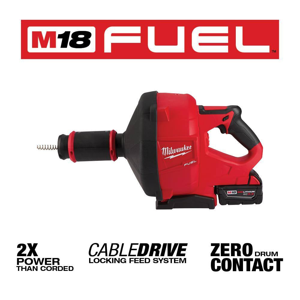 M18 FUEL 18V Lithium-Ion Brushless Cordless Drain Snake Auger with 5/16 In. Cable Drive Kit W/ 5.0Ah Battery