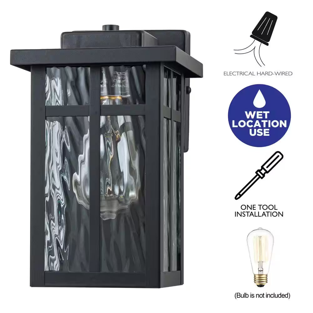 Matte Black Outdoor Hardwired Wall Lantern Sconces with Water Glass, No Bulbs Included (2-Pack)