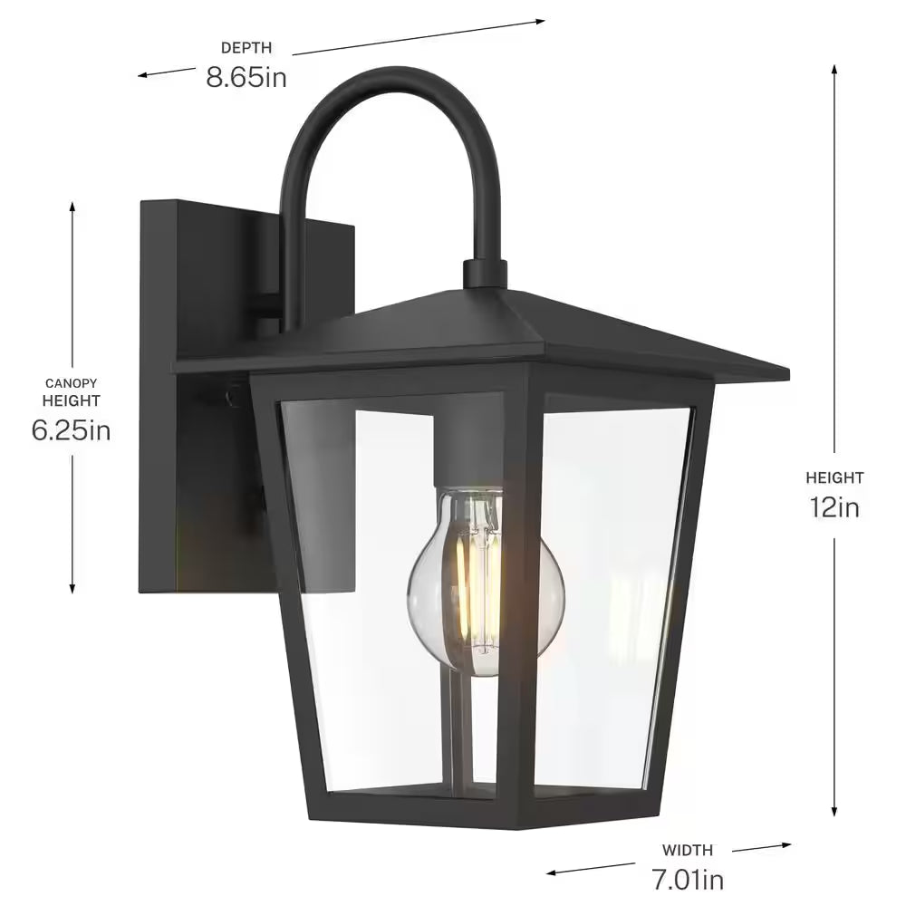 Rosebrook 12 In. 1-Light Black Outdoor Hardwired Wall Lantern Sconce with Clear Glass Shade