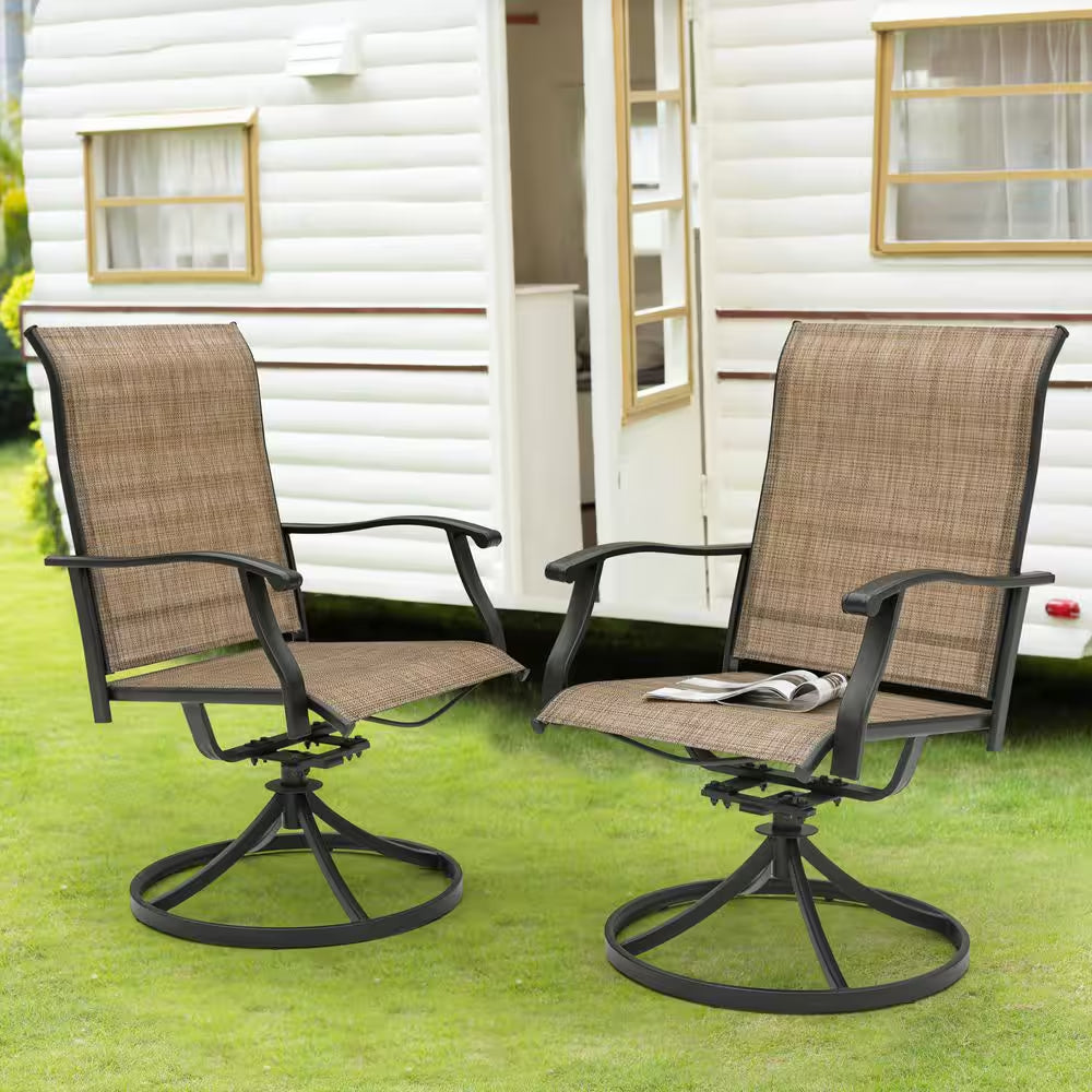 2-Piece Swivel Steel Sling Outdoor Patio Dining Chairs, Brown