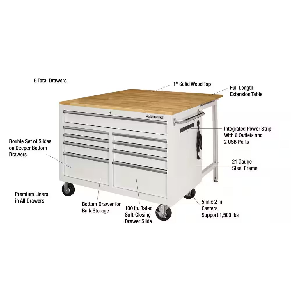 Tool Storage 46 In. W X 51 In. D Standard Duty Gloss White Mobile Workbench Cabinet with Solid Wood Top