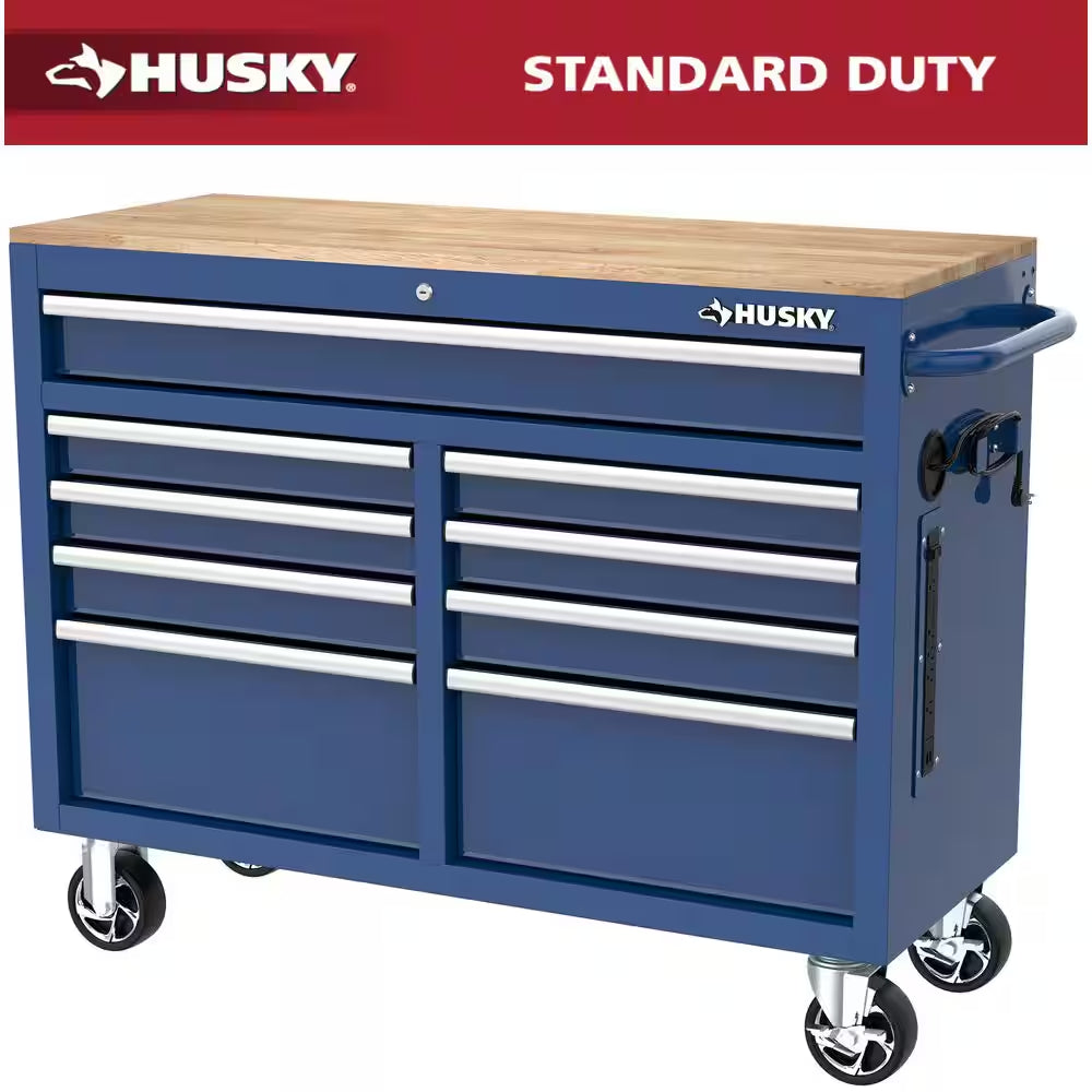 Tool Storage 46 In. W X 18 In. D 9-Drawer Mobile Workbench Cabinet in Gloss Black