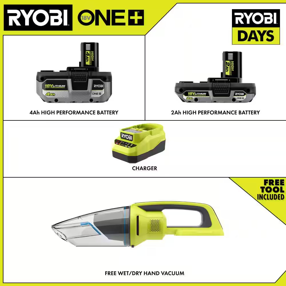ONE+ 18V HIGH PERFORMANCE Kit W/ 4.0 Ah Battery, 2.0 Ah Battery, Charger, & FREE ONE+ Cordless Wet/Dry Hand Vacuum