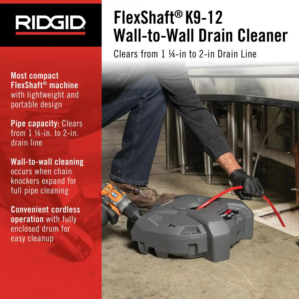 K9-12 Flexshaft Wall-To-Wall Drain Cleaner, 1/4 In. X 30 Ft. Cleans 1-1/4 In. to 2 In. Pipes to Full Flow Capacity