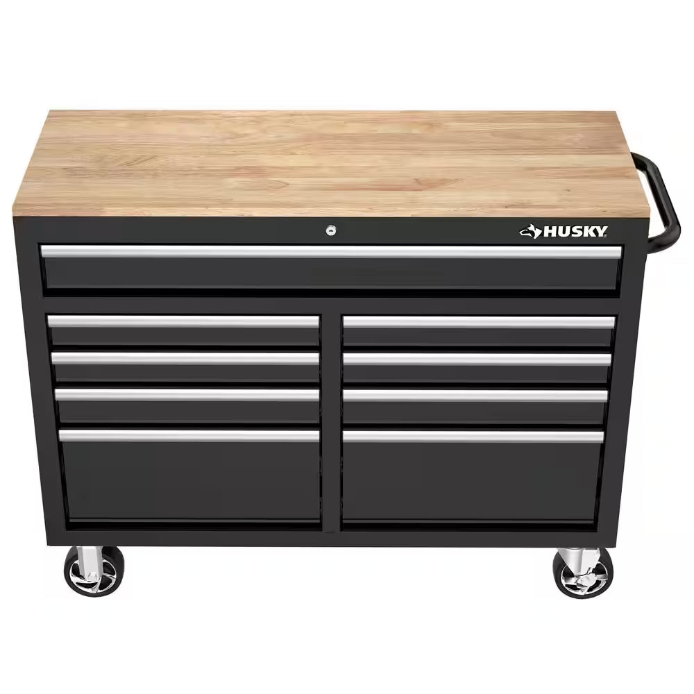 Tool Storage 46 In. W X 18 In. D 9-Drawer Mobile Workbench Cabinet in Gloss Black
