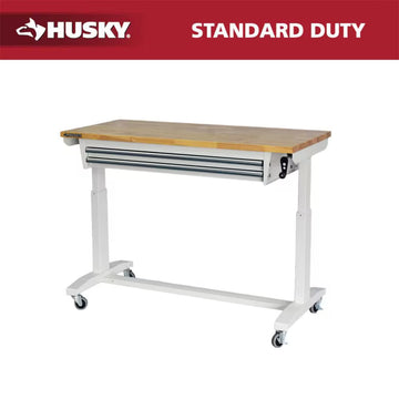 52 In. W X 24 In. D 2-Drawer Adjustable Height White Workbench Table with Solid Wood Top