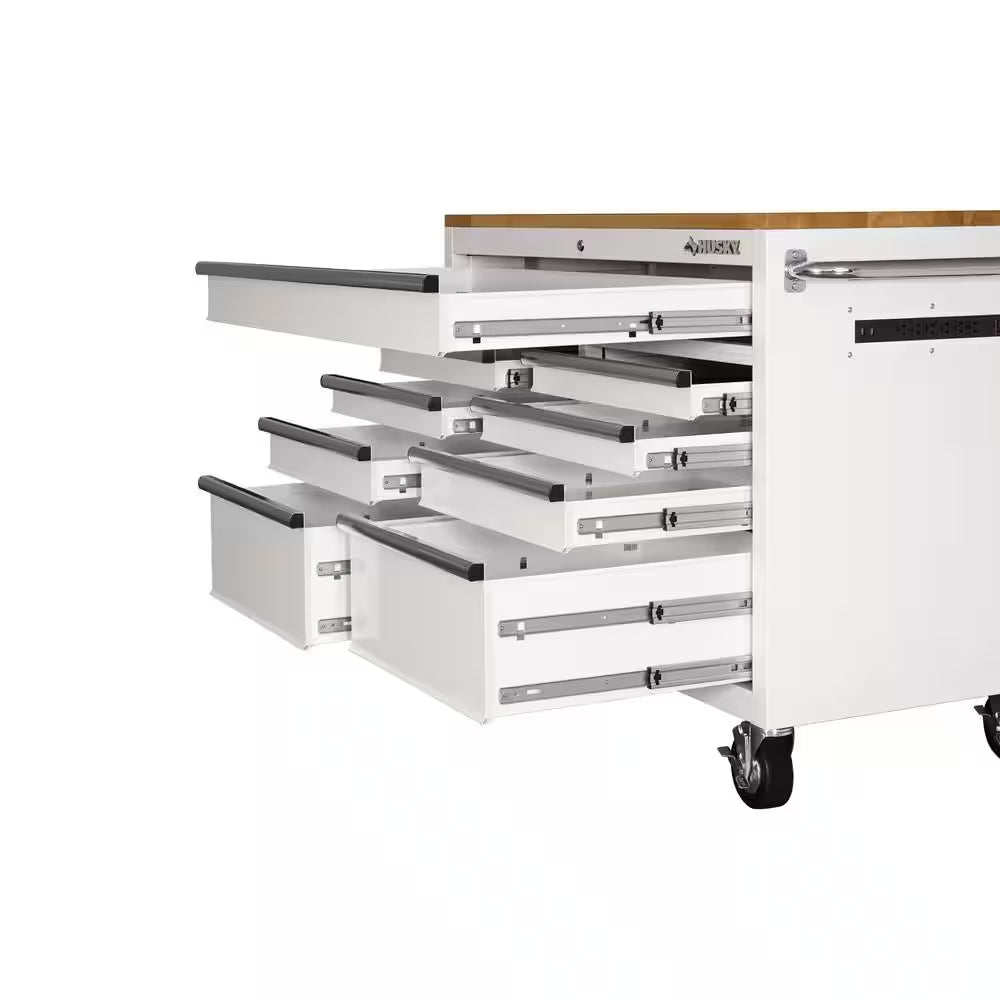 Tool Storage 46 In. W X 51 In. D Standard Duty Gloss White Mobile Workbench Cabinet with Solid Wood Top