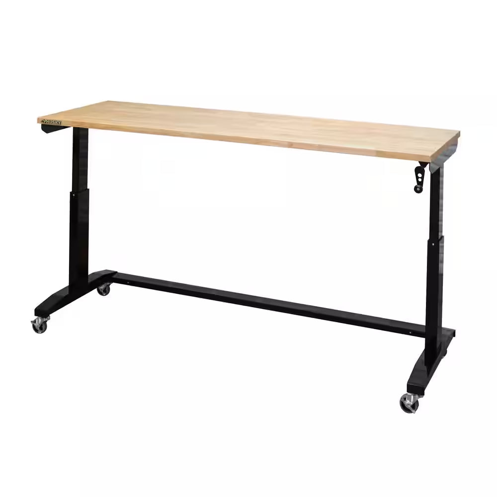 72 In. W X 24 In. D Adjustable Height Black Worktable with Solid Wood Top