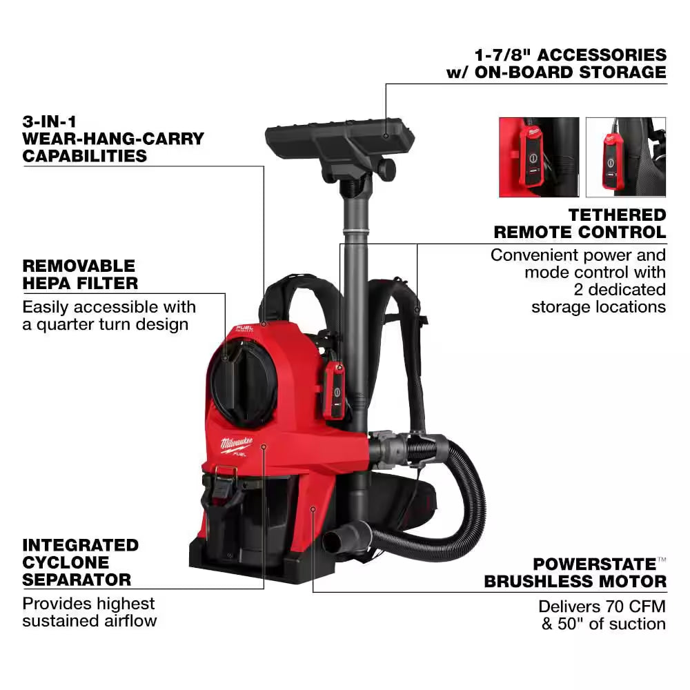 M18 FUEL 18 Volt Lithium Ion Brushless 3-In-1 Backpack Vacuum with M18 5. 0Ah XC Extended Capacity Battery