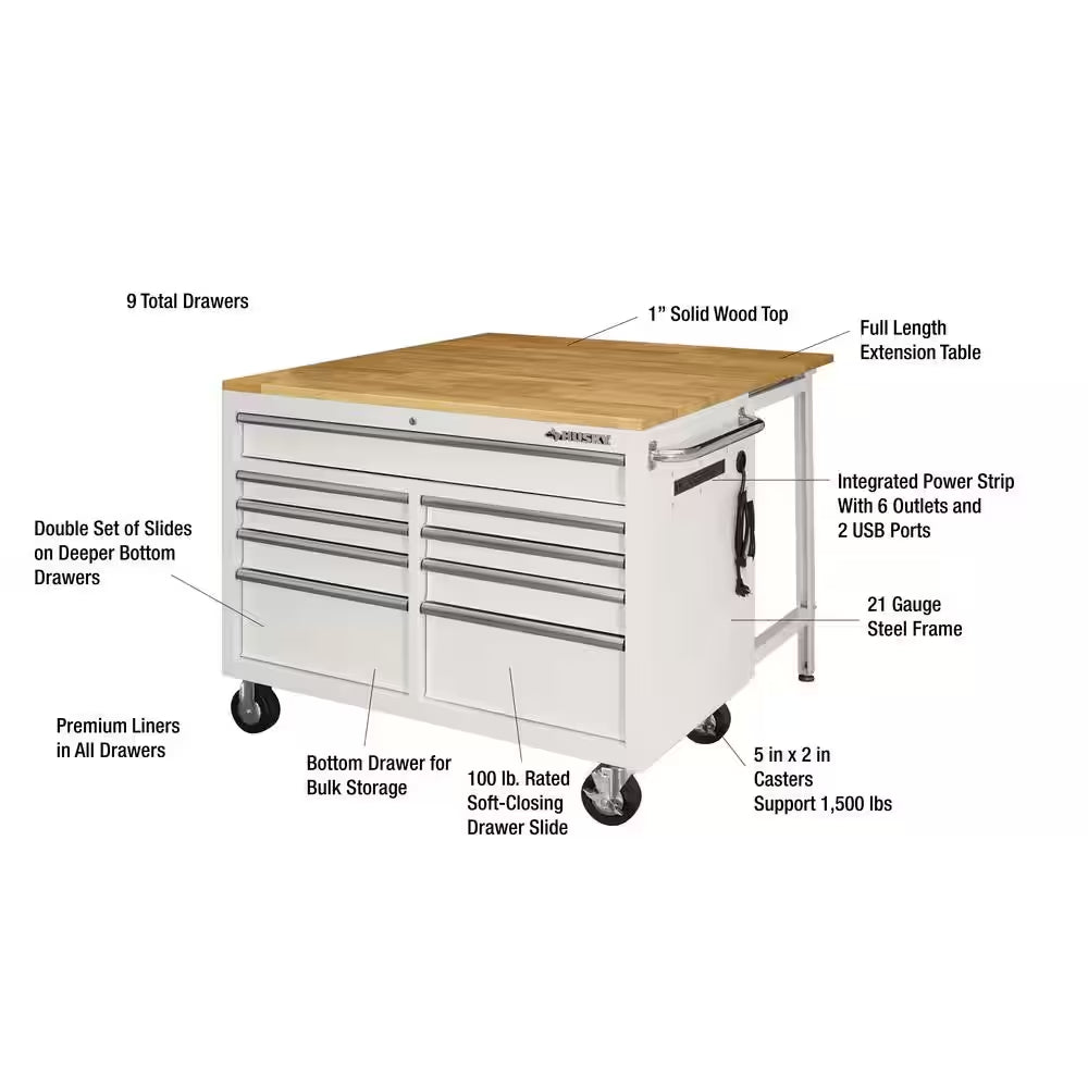 Tool Storage 46 In. W X 51 In. D Standard Duty Gloss White Mobile Workbench Cabinet with Solid Wood Top