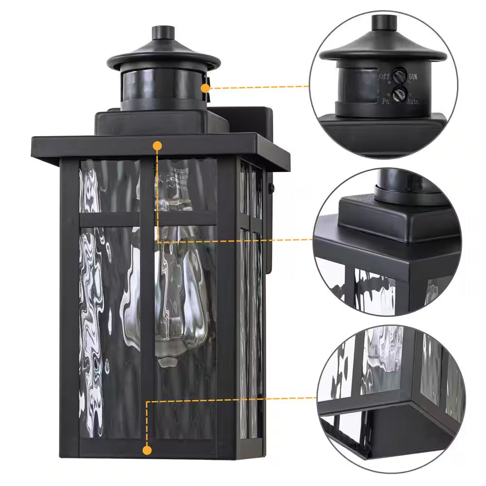 11.75 In. Matte Black Motion Sensing Dusk to Dawn Outdoor Hardwired Wall Lantern Sconces with Water Glass(2-Pack)
