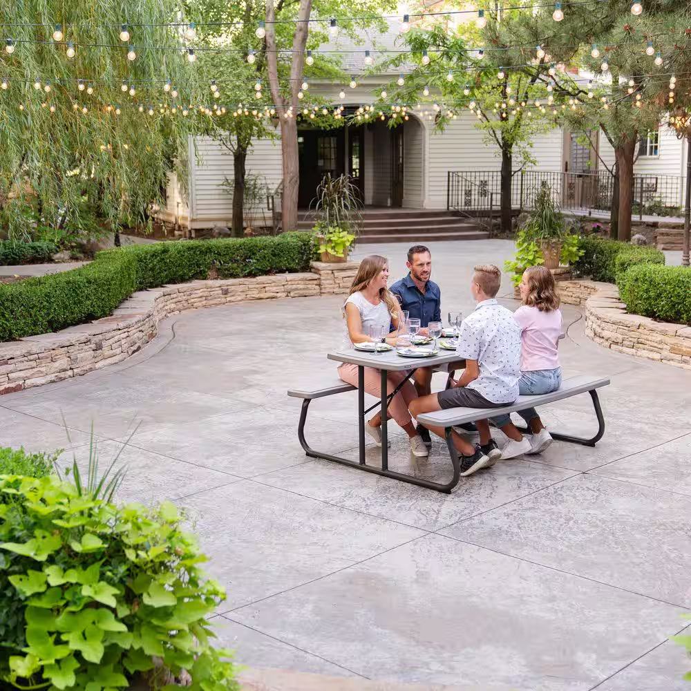 72 In. Bronze Sand Rectangle Steel Frame Picnic Table in Storm Dust Rough Cut Color, Folding