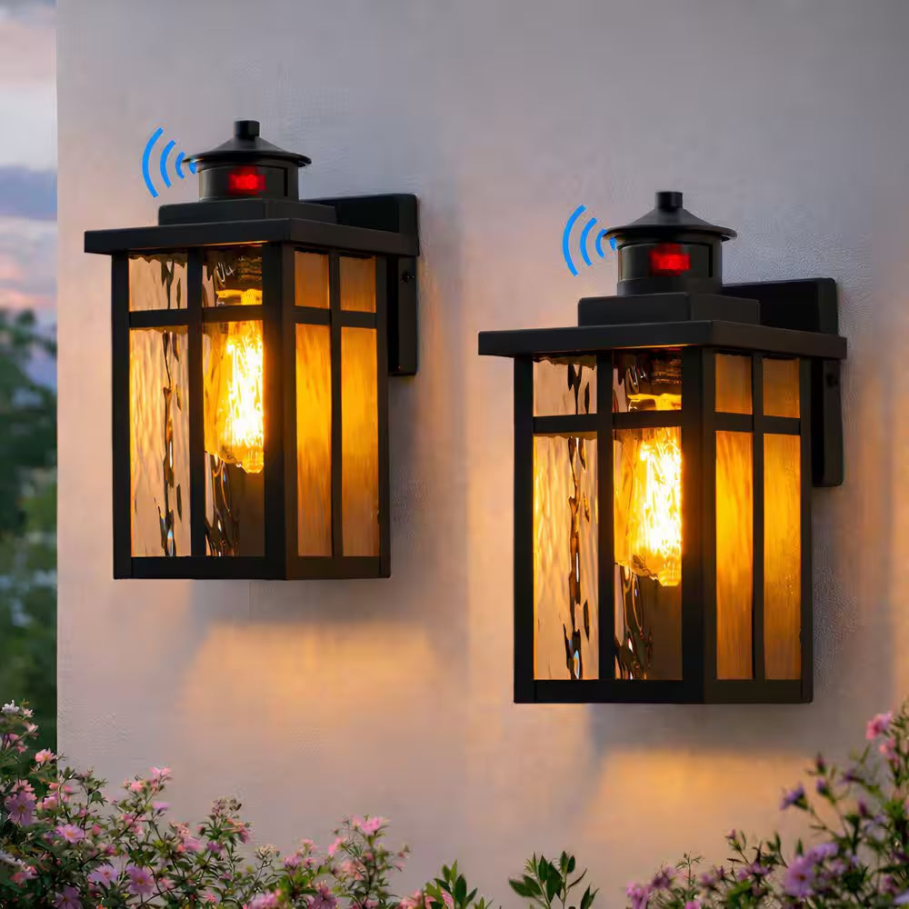 11.75 In. Matte Black Motion Sensing Dusk to Dawn Outdoor Hardwired Wall Lantern Sconces with Water Glass(2-Pack)