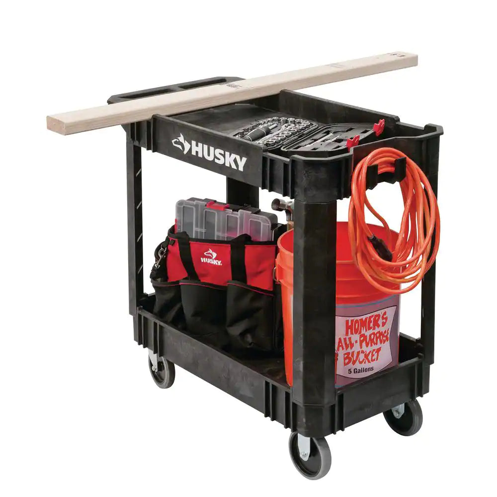 2-Tier Plastic 4-Wheeled Service Cart in Black
