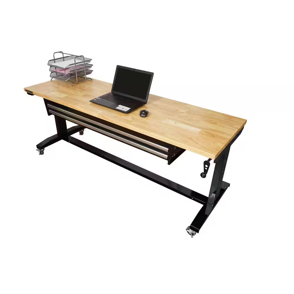 72 In. W X 24 In. D 2-Drawer Adjustable Height Black Workbench Table with Solid Wood Top