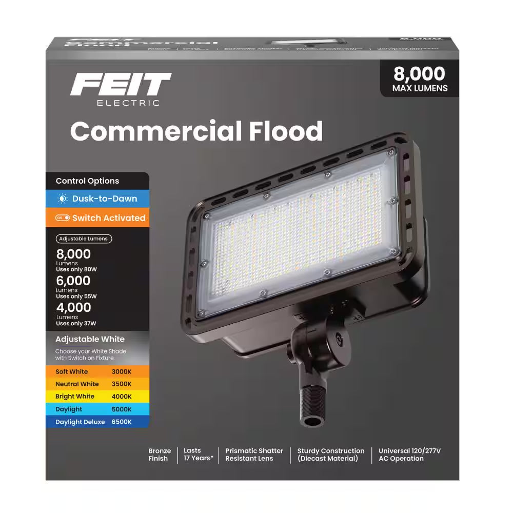 4000/6000/8000 Lumen Select Integrated LED Selectable 5CCT Bronze Dusk to Dawn Commercial Ground/Wall Flood Light