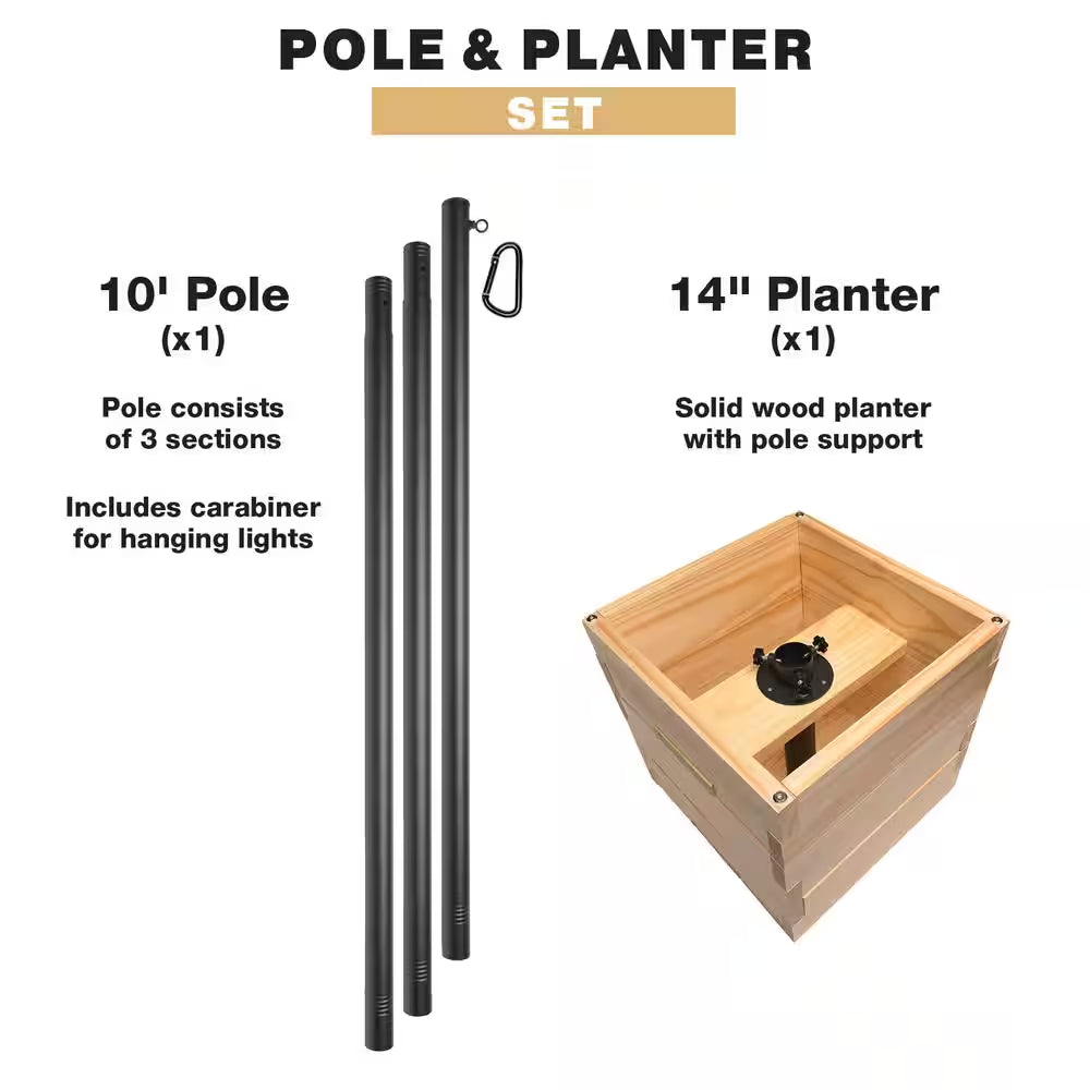 10 Ft. Premium String Light Pole and Large 14 In. Natural Wooden Planter Box Set