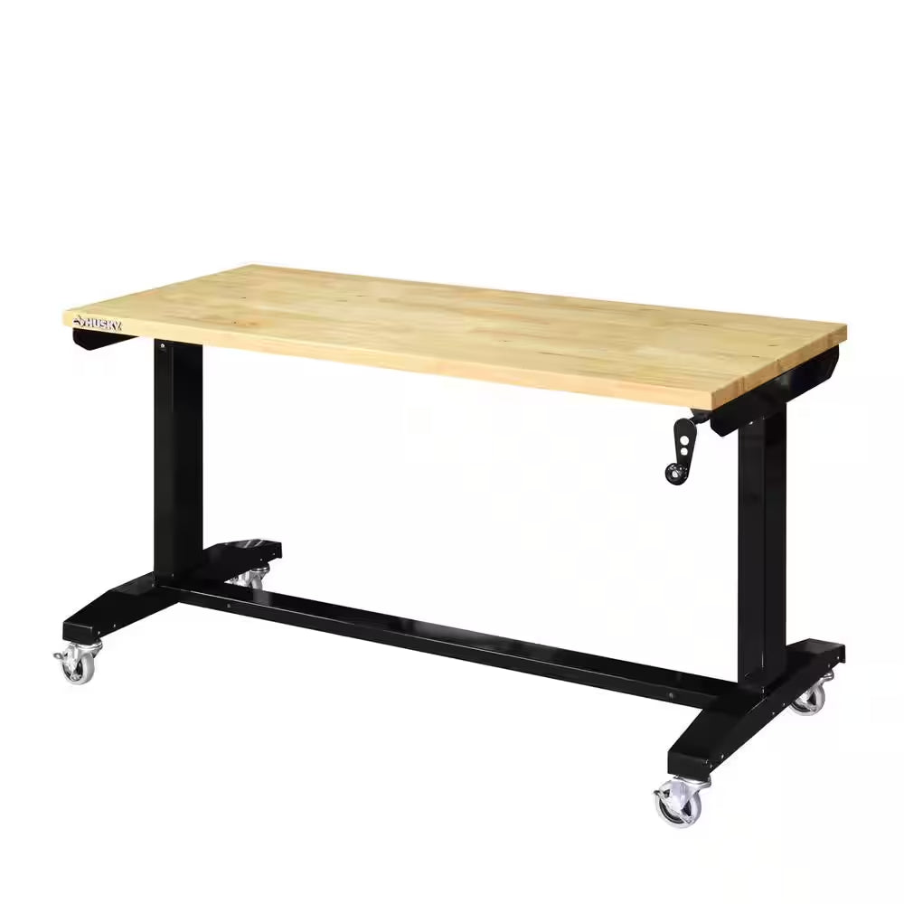 72 In. W X 24 In. D Adjustable Height Black Worktable with Solid Wood Top
