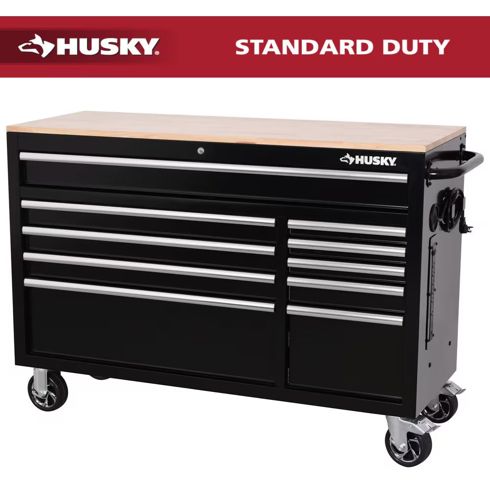 Standard-Duty 52 In. W 10-Drawer Matte Cadet Gray Mobile Workbench Cabinet with Solid Wood Top