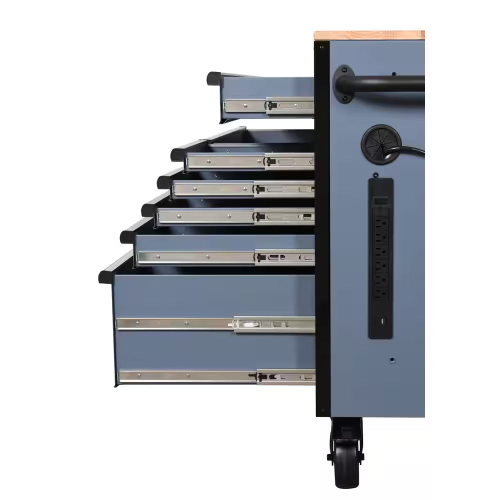 Standard-Duty 52 In. W 10-Drawer Matte Cadet Gray Mobile Workbench Cabinet with Solid Wood Top