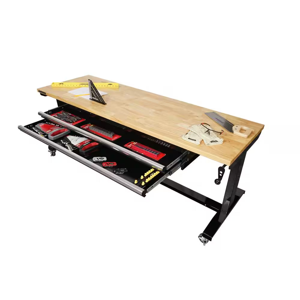 72 In. W X 24 In. D 2-Drawer Adjustable Height Black Workbench Table with Solid Wood Top