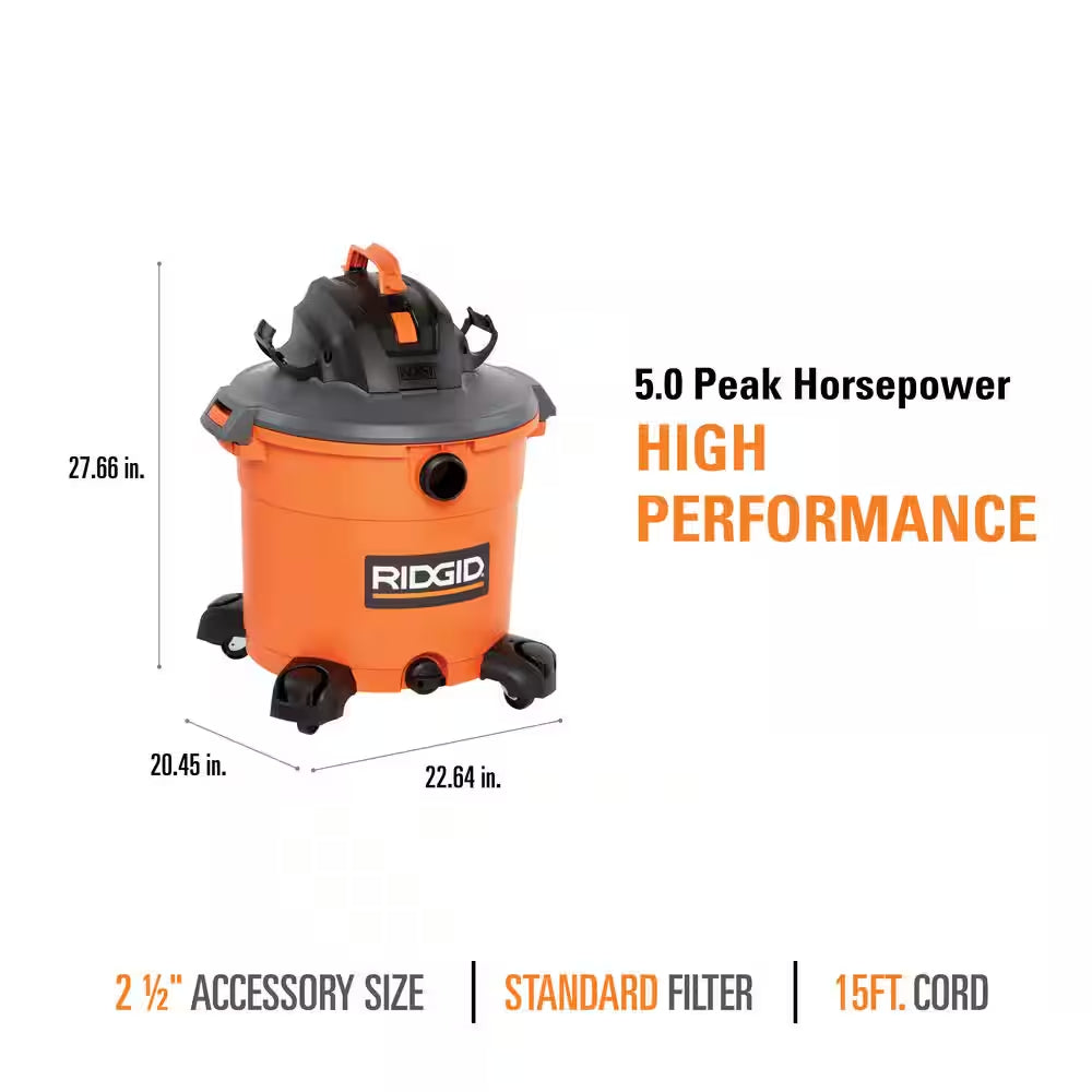 16 Gal. 5.0 Peak HP NXT Shop Vacuum Wet Dry Vac with General Debris Filter, Locking Hose and Attachments HD1640