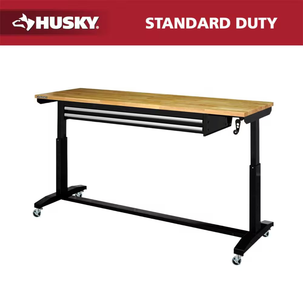 72 In. W X 24 In. D 2-Drawer Adjustable Height Black Workbench Table with Solid Wood Top