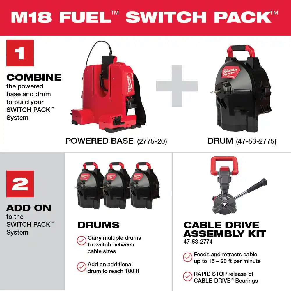 M18 FUEL 18V Lithium-Ion Brushless Cordless Drain Cleaning 3/8 In. Sectional Drum System Kit with 5.0Ah Battery