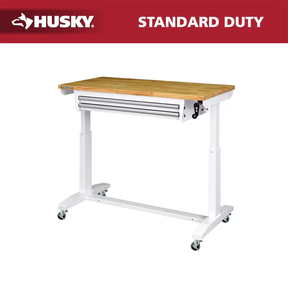 52 In. W X 24 In. D 2-Drawer Adjustable Height White Workbench Table with Solid Wood Top
