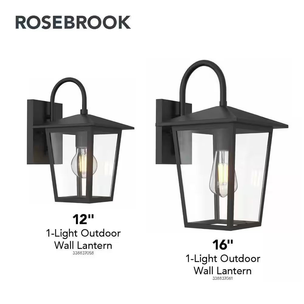 Rosebrook 12 In. 1-Light Black Outdoor Hardwired Wall Lantern Sconce with Clear Glass Shade